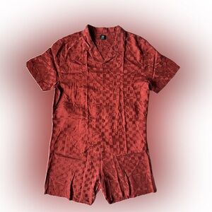 Lahgo Lunya Washable Silk Checker Jacquard Button Up Short Set Size XL New